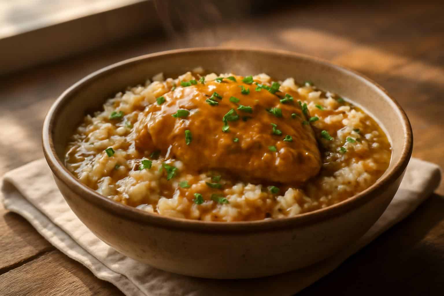 Creamy smothered chicken and rice served in a rustic bowl garnished with fresh parsley