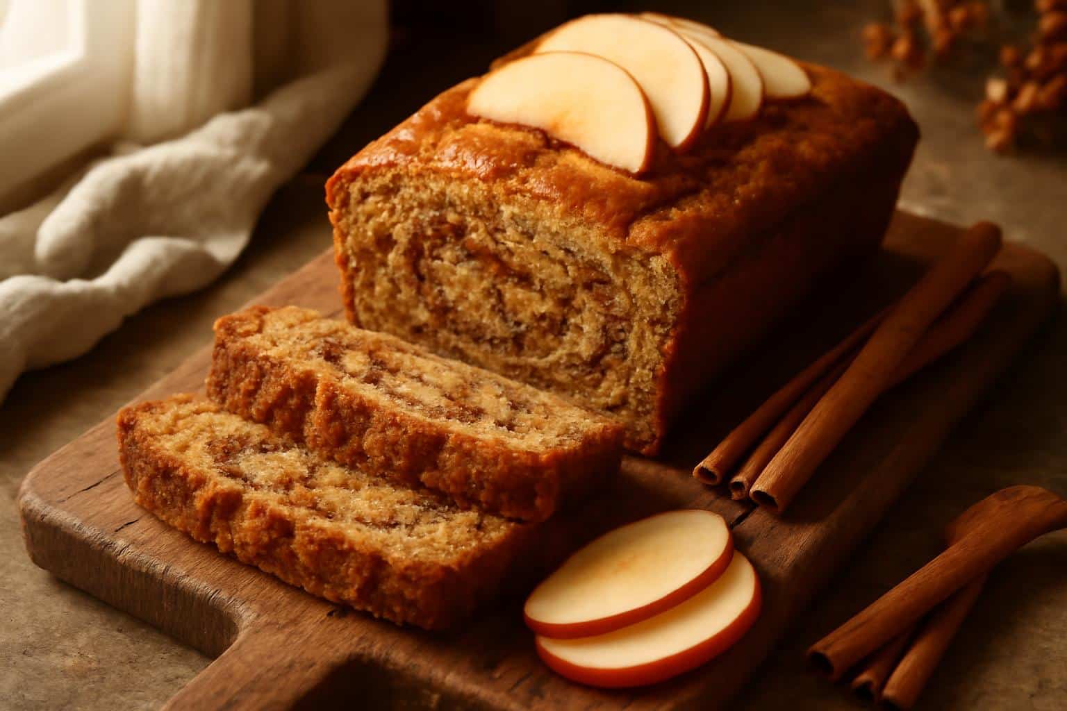freshly baked soft apple cinnamon bread sliced on wooden board with apple slices and cinnamon
