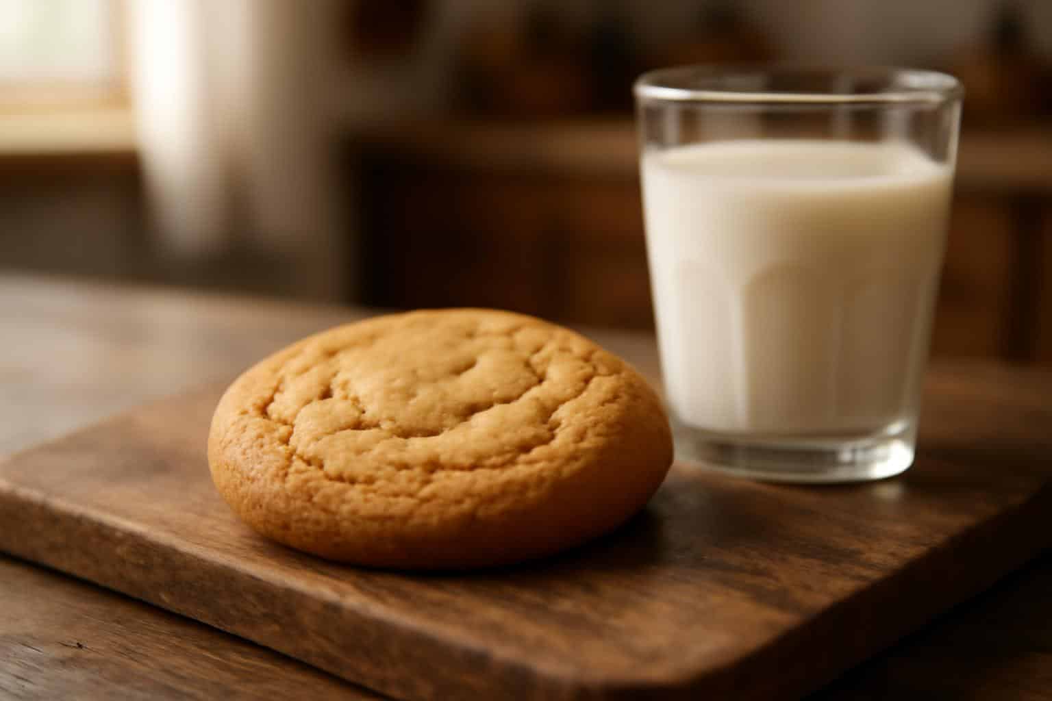 Soft and chewy chocolate chipless cookies on wooden board with glass of milk