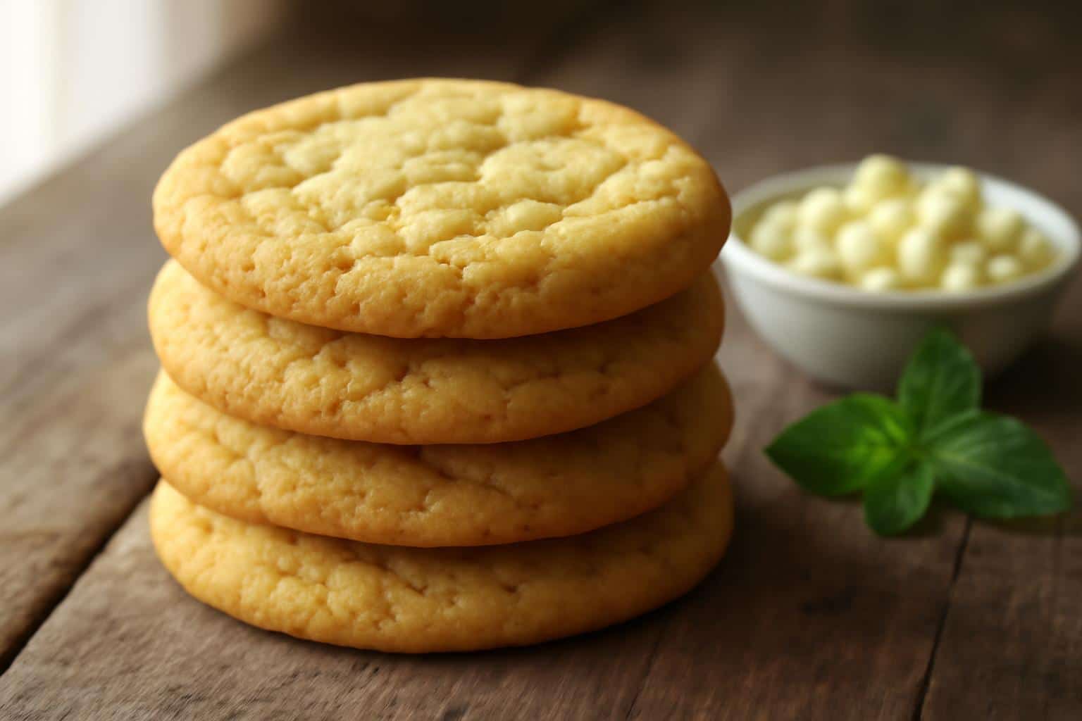 Stack of soft chewy cookies on rustic surface, chocolate-free soft chewy cookies