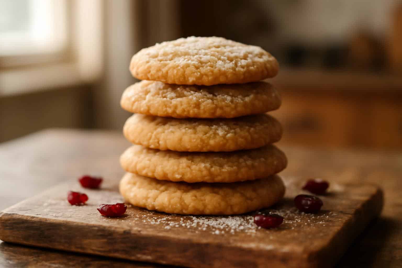 A stack of soft chewy cookies on a rustic board, showcasing the texture of soft chewy cookies