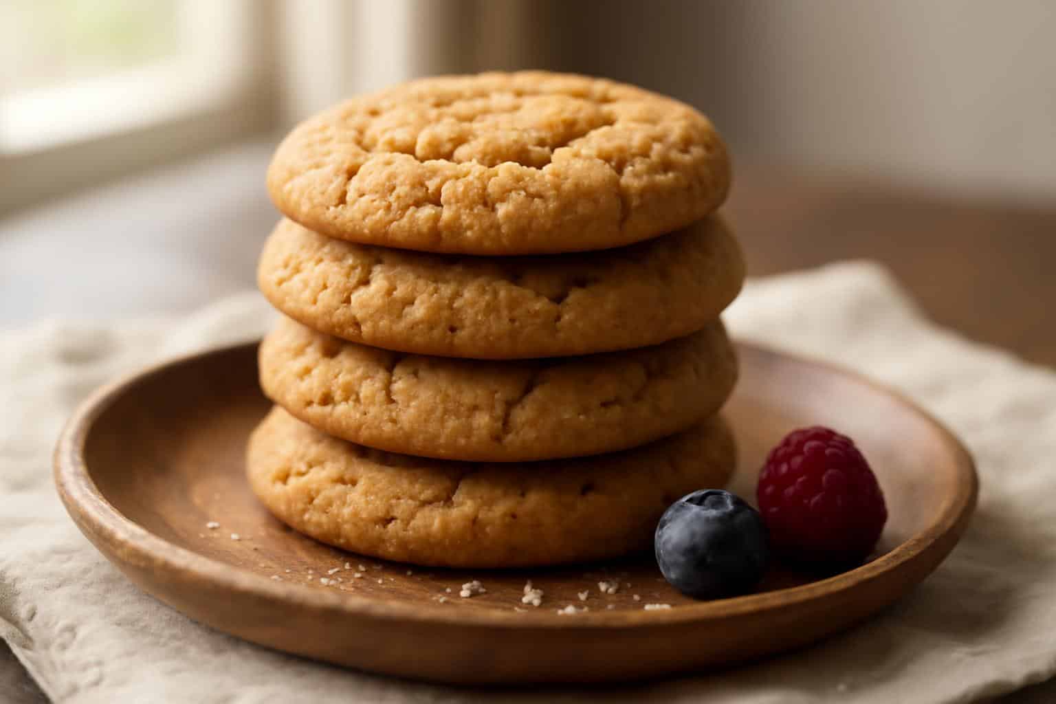 Stack of soft chewy cookies without chocolate on a rustic plate garnished with berries