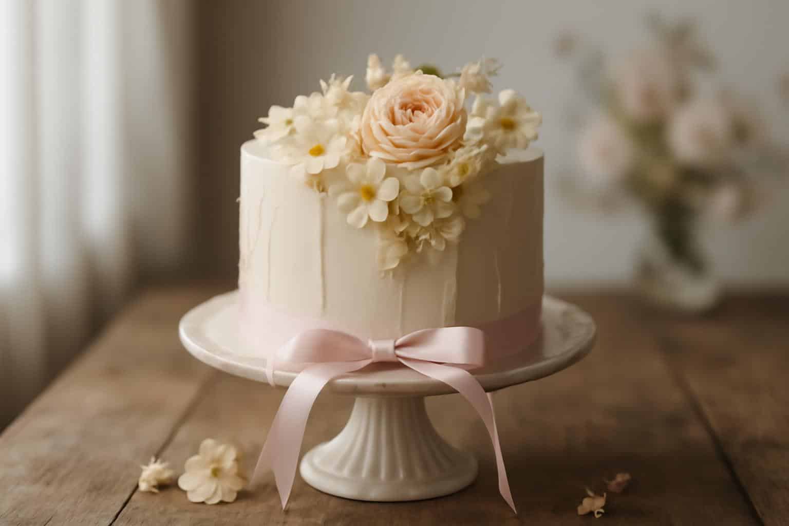 Floral cream cake with soft cream tones and a pink ribbon decoration on a cake stand