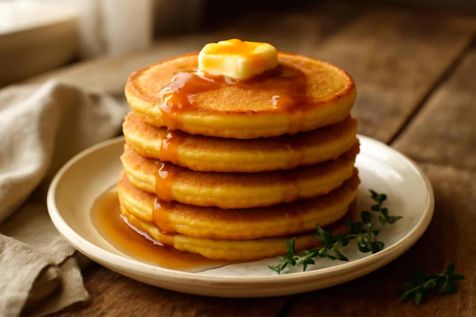 Stack of golden jiffy cornbread pancakes with butter and syrup, showcasing jiffy cornbread pancakes