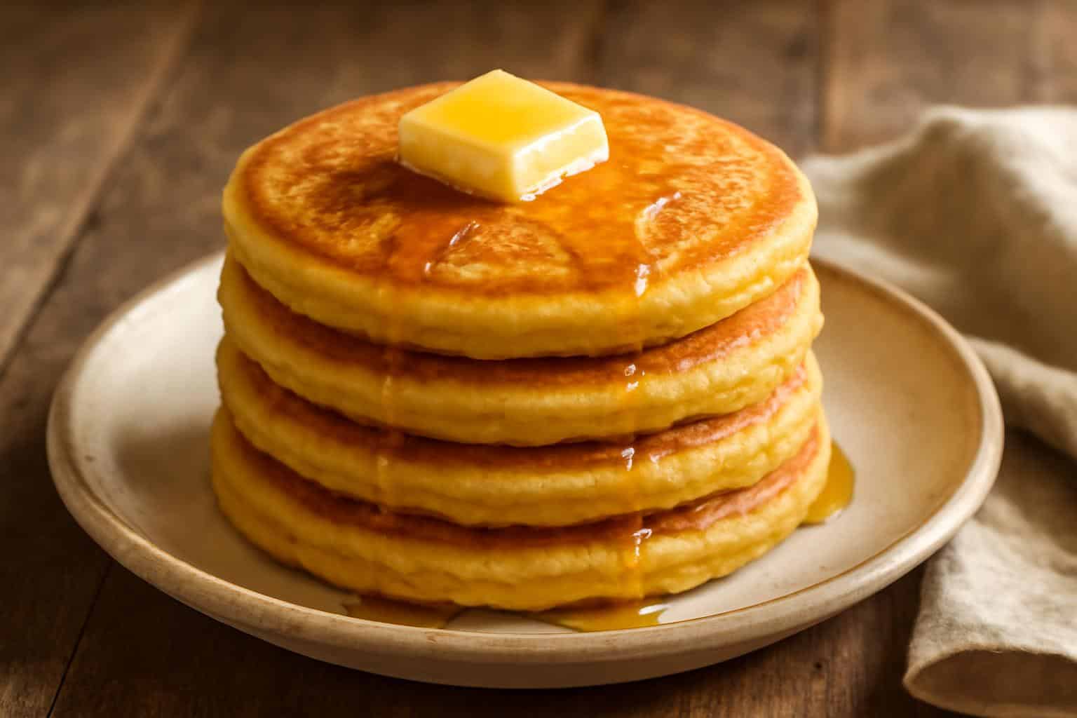 Stack of southern jiffy cornbread pancakes topped with butter and honey, showcasing fluffy texture