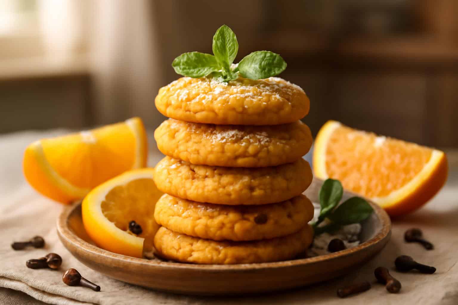 Stack of orange clove cookies with fresh orange slices and cloves, showcasing spiced citrus cookies