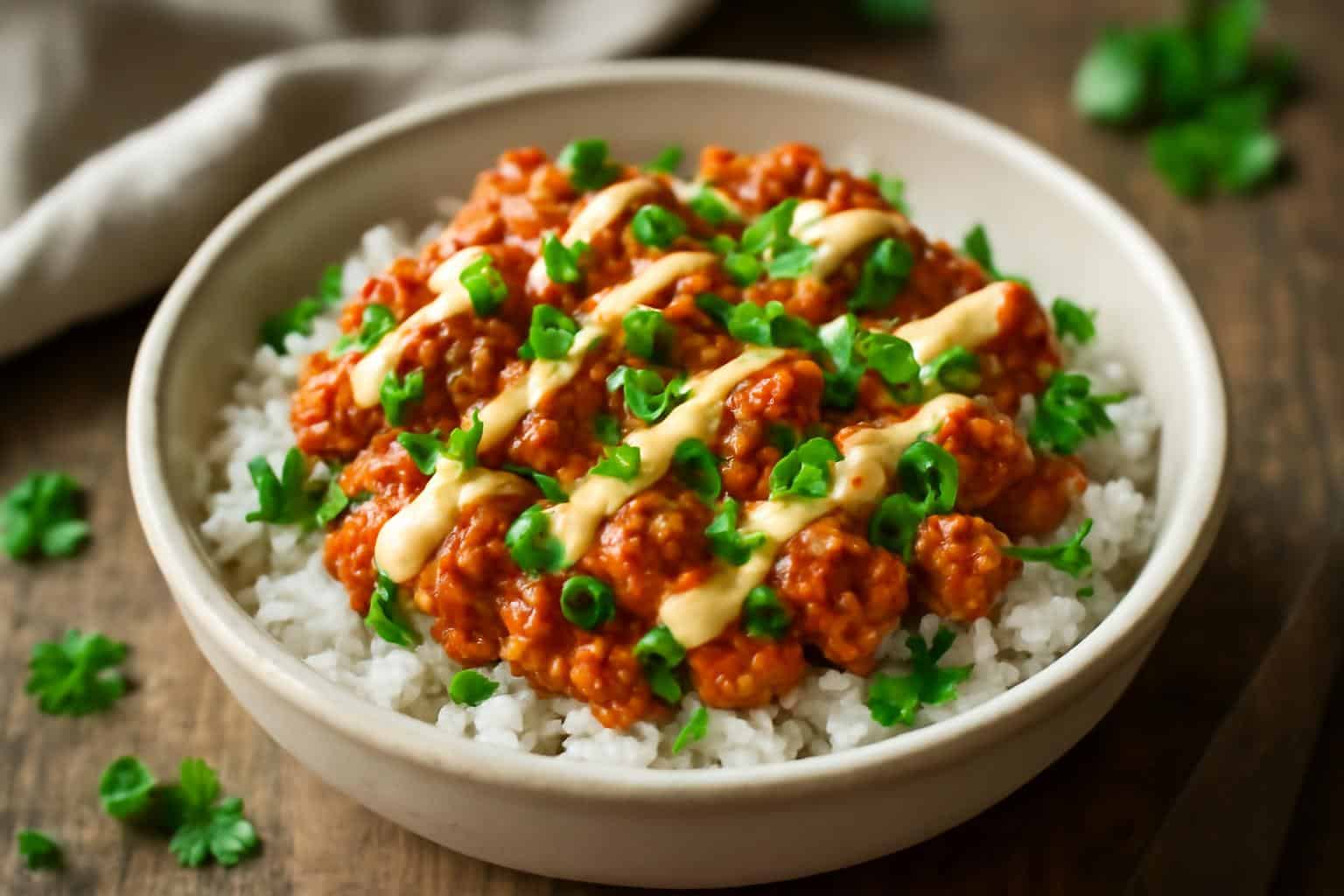 Spicy bang bang turkey rice bowl garnished with green onions and creamy sauce