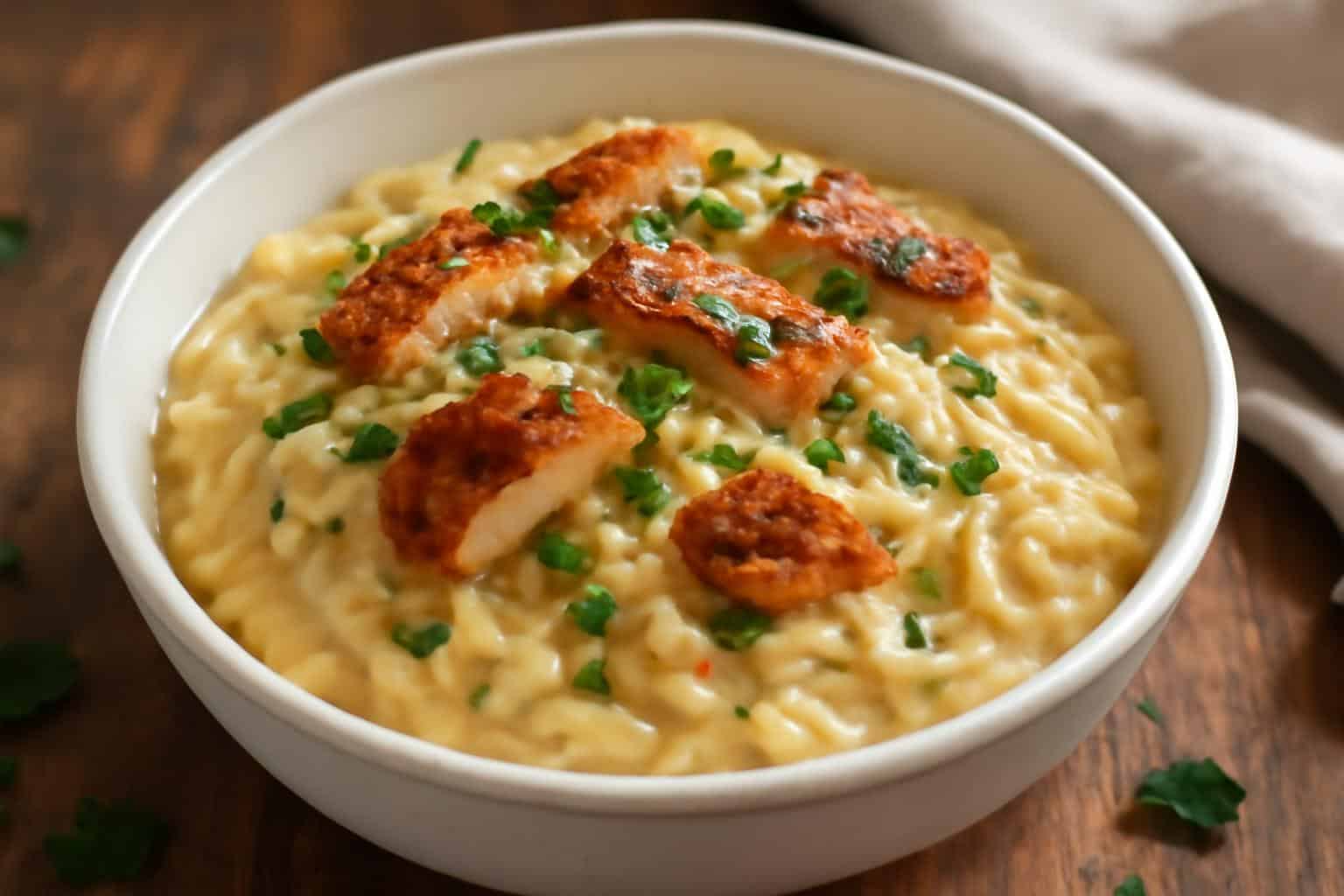 Creamy spicy cajun chicken alfredo orzo in a bowl with parsley garnish