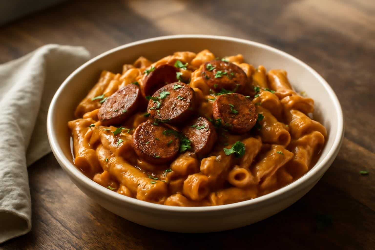 Spicy Cajun sausage pasta served in a bowl garnished with parsley, showing rich sauce and sausage slices
