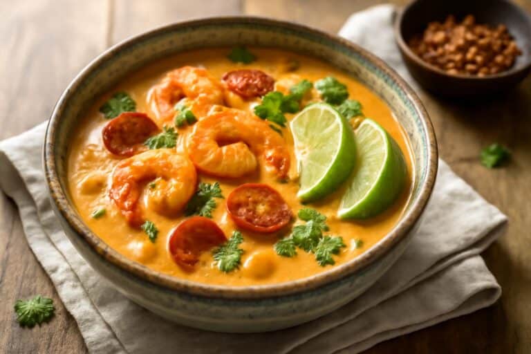 spicy coconut shrimp chowder in rustic bowl garnished with cilantro and lime wedges