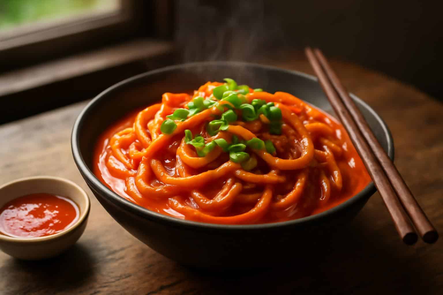 Spicy creamy gochujang udon noodles garnished with scallions and sesame seeds in a bowl
