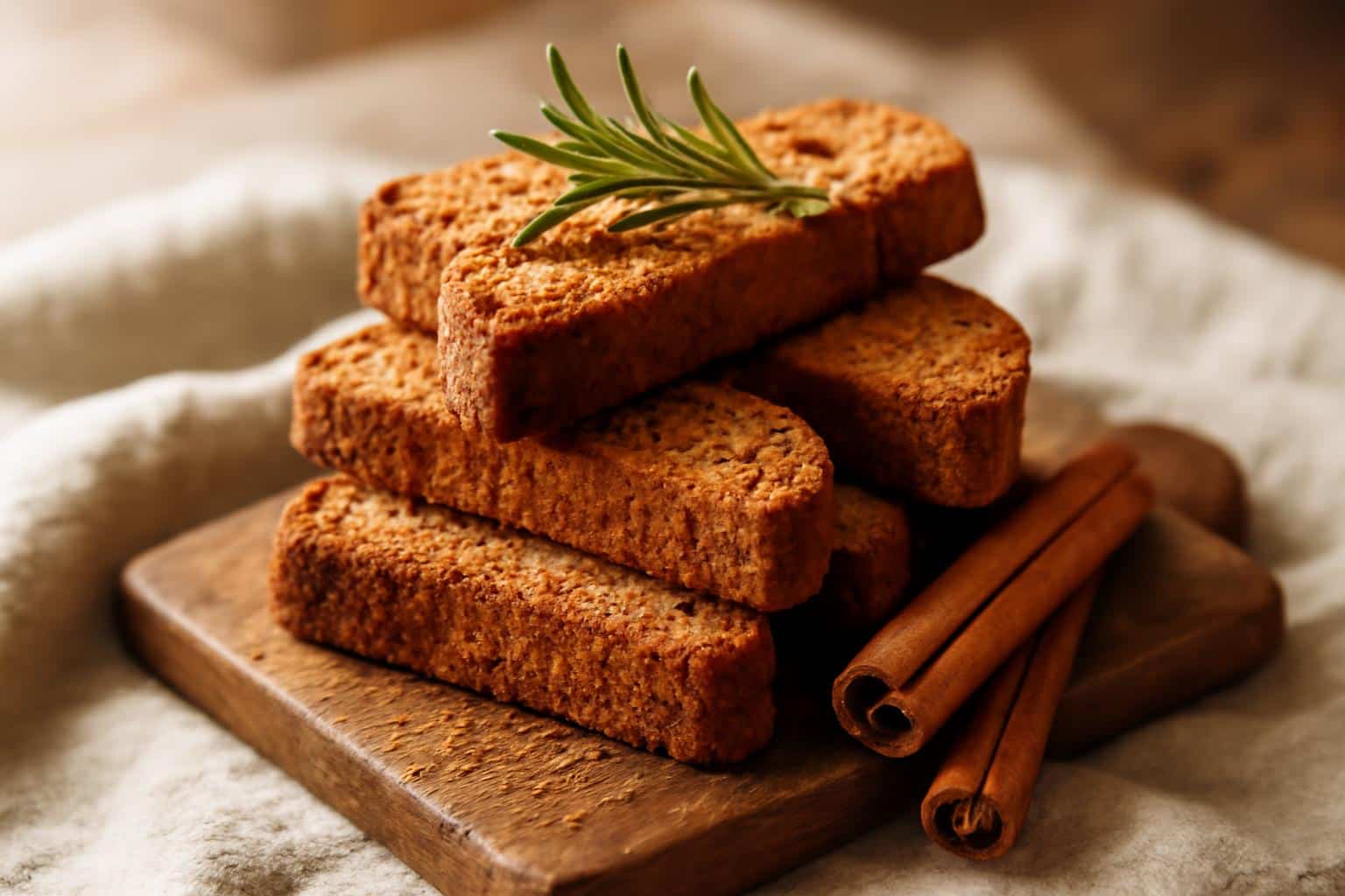 Crunchy spicy gingerbread biscotti stacked on a wooden board with cinnamon garnish