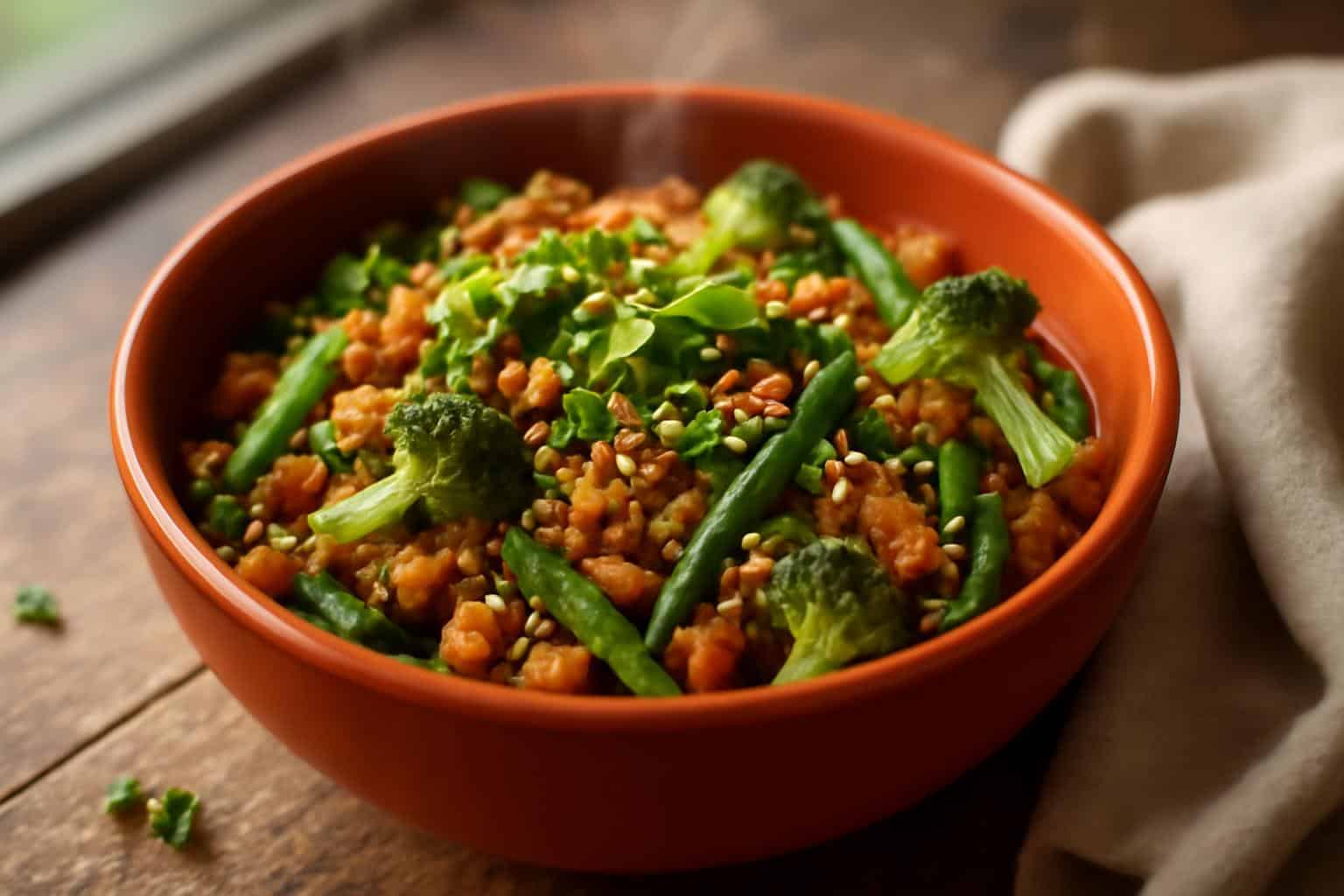 Spicy ground beef stir-fry bowl with garlic veggies garnished with sesame seeds and green onions