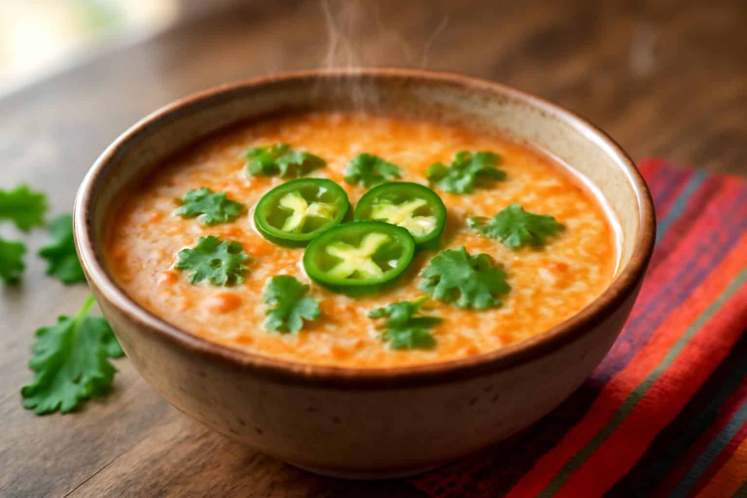 A bowl of spicy Mexican garlic soup garnished with cilantro and jalapeños on wooden table