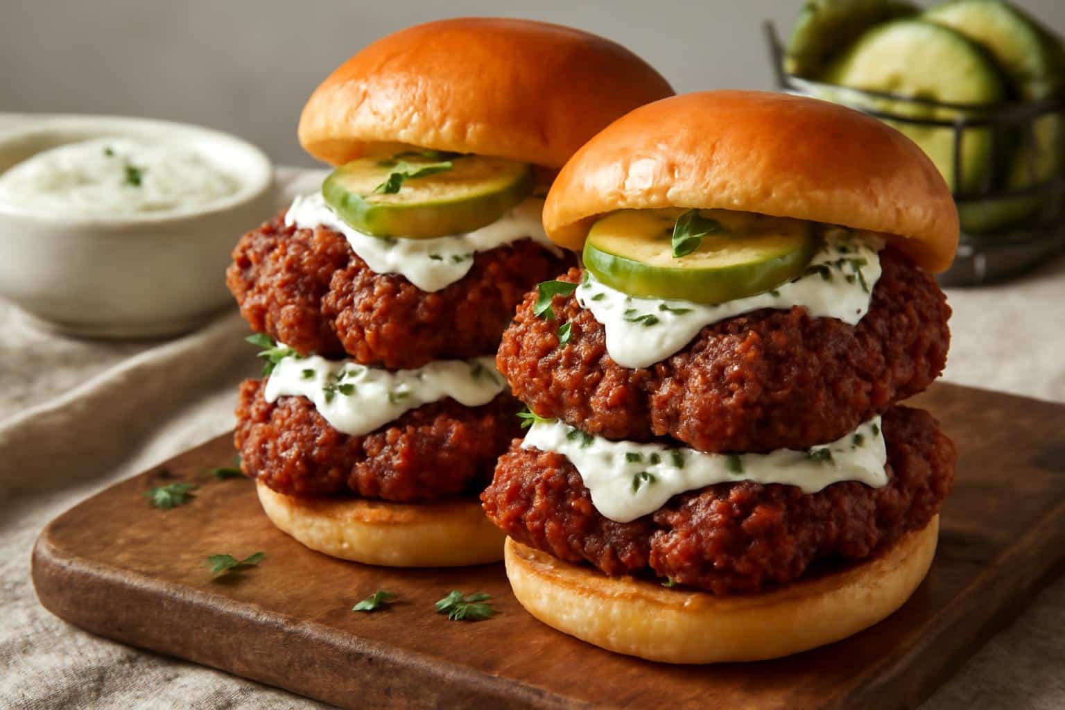 Spicy Nashville hot chicken sliders topped with zesty dill pickle aioli and fresh pickle slices