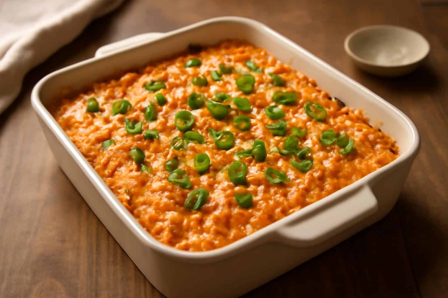 Spicy salmon sushi bake topped with creamy sauce and green onions, showcasing the spicy salmon sushi bake