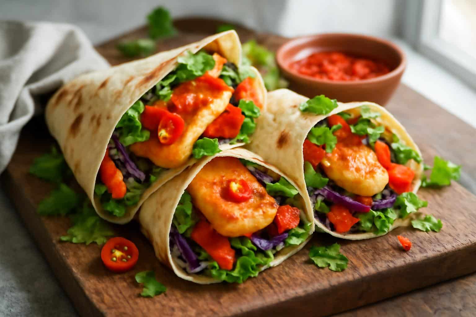 Spicy sweet chili halloumi wraps with crispy golden halloumi and fresh vegetables in tortillas