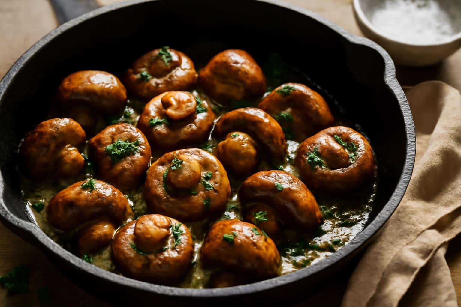 Garlic butter mushrooms cooked to golden brown in a skillet garnished with parsley
