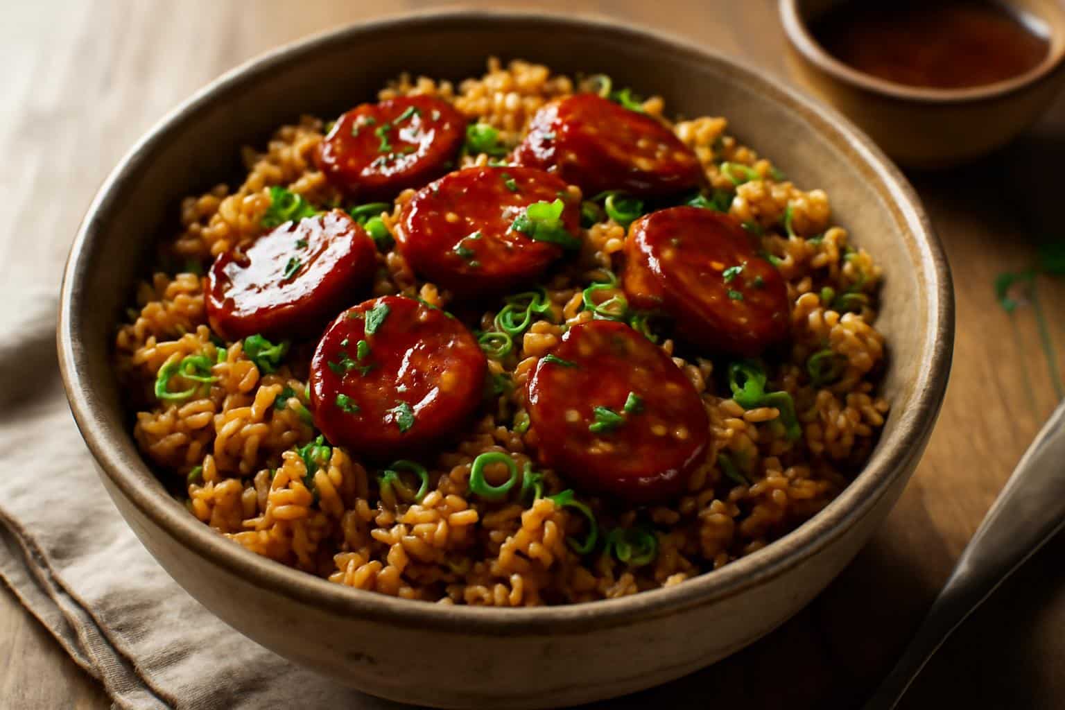 Sticky honey garlic smoked sausage rice in a bowl garnished with parsley and green onions