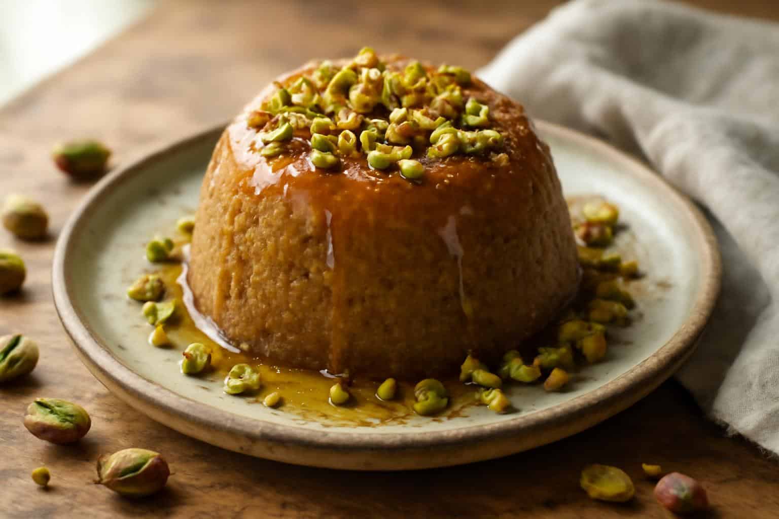 Sticky pistachio sponge pudding garnished with crushed pistachios and honey drizzle