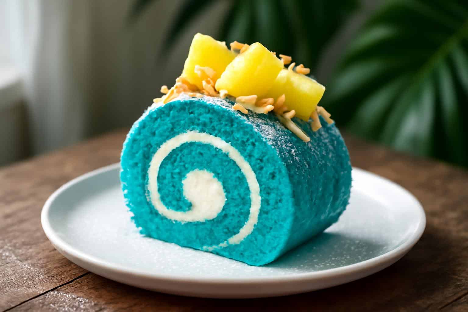 Stitch-inspired tropical blue cake roll dessert with pineapple garnish and toasted coconut
