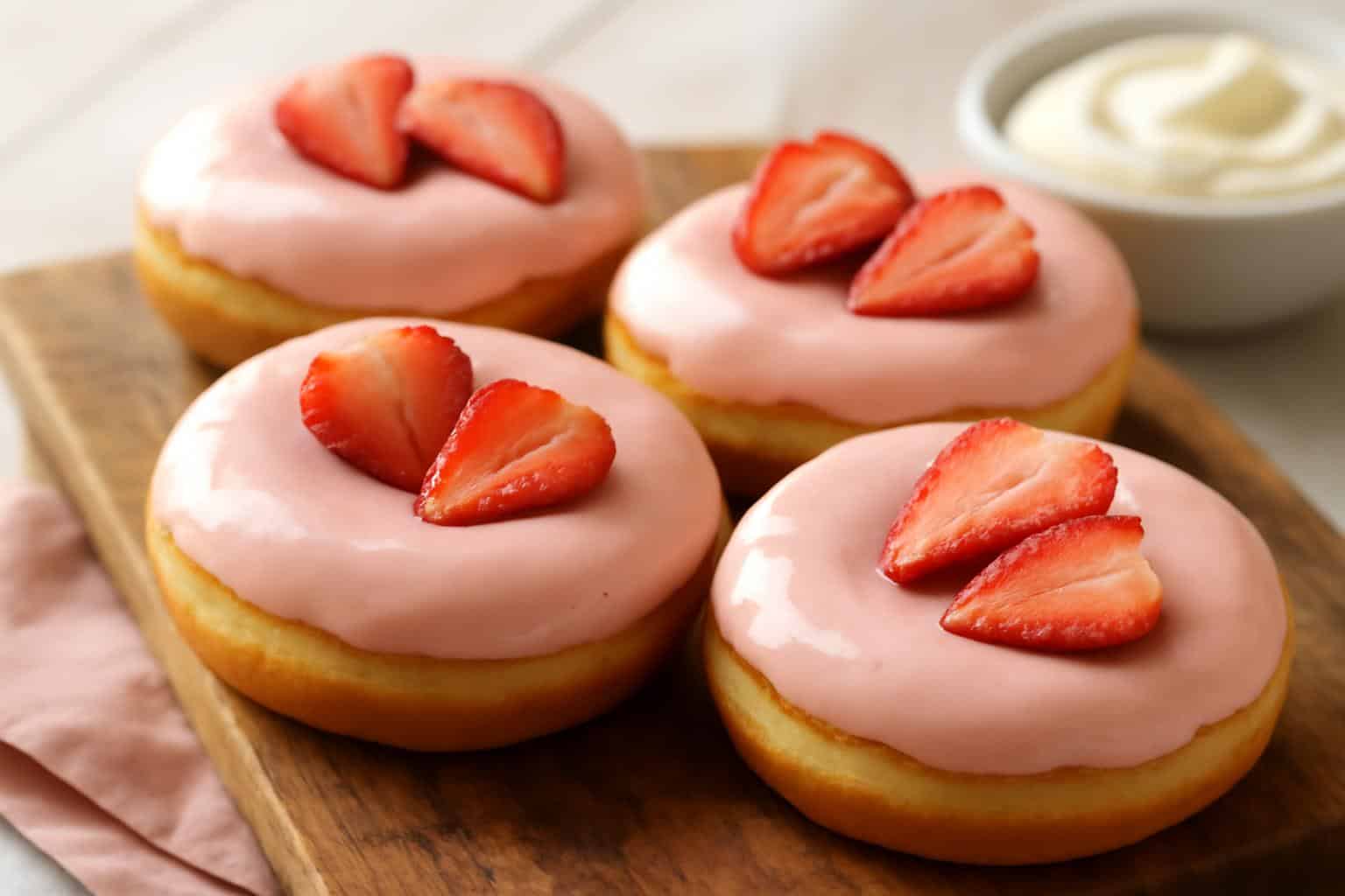 Fresh strawberry cheesecake donuts with creamy glaze and strawberry garnish