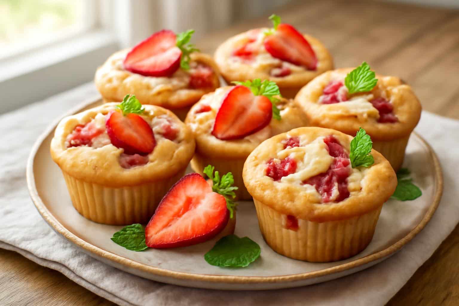 Freshly baked strawberry cheesecake muffins with cream cheese swirls and strawberry pieces