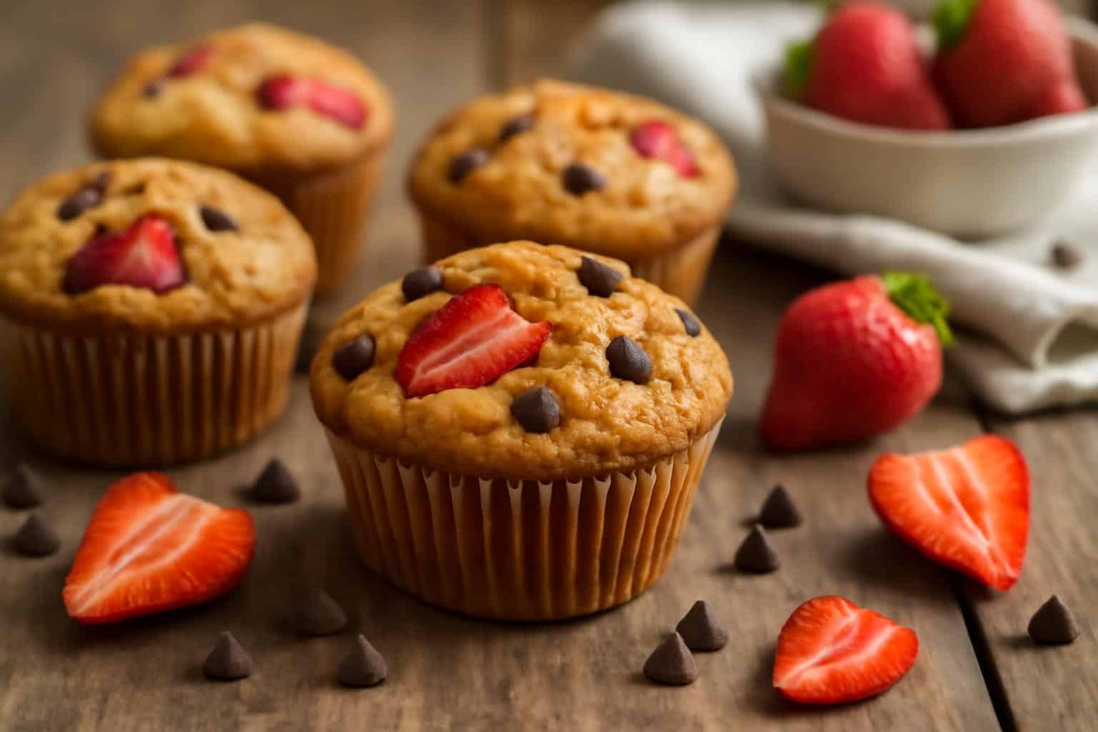 Strawberry chocolate chip muffins on rustic table with fresh strawberries and chocolate chips