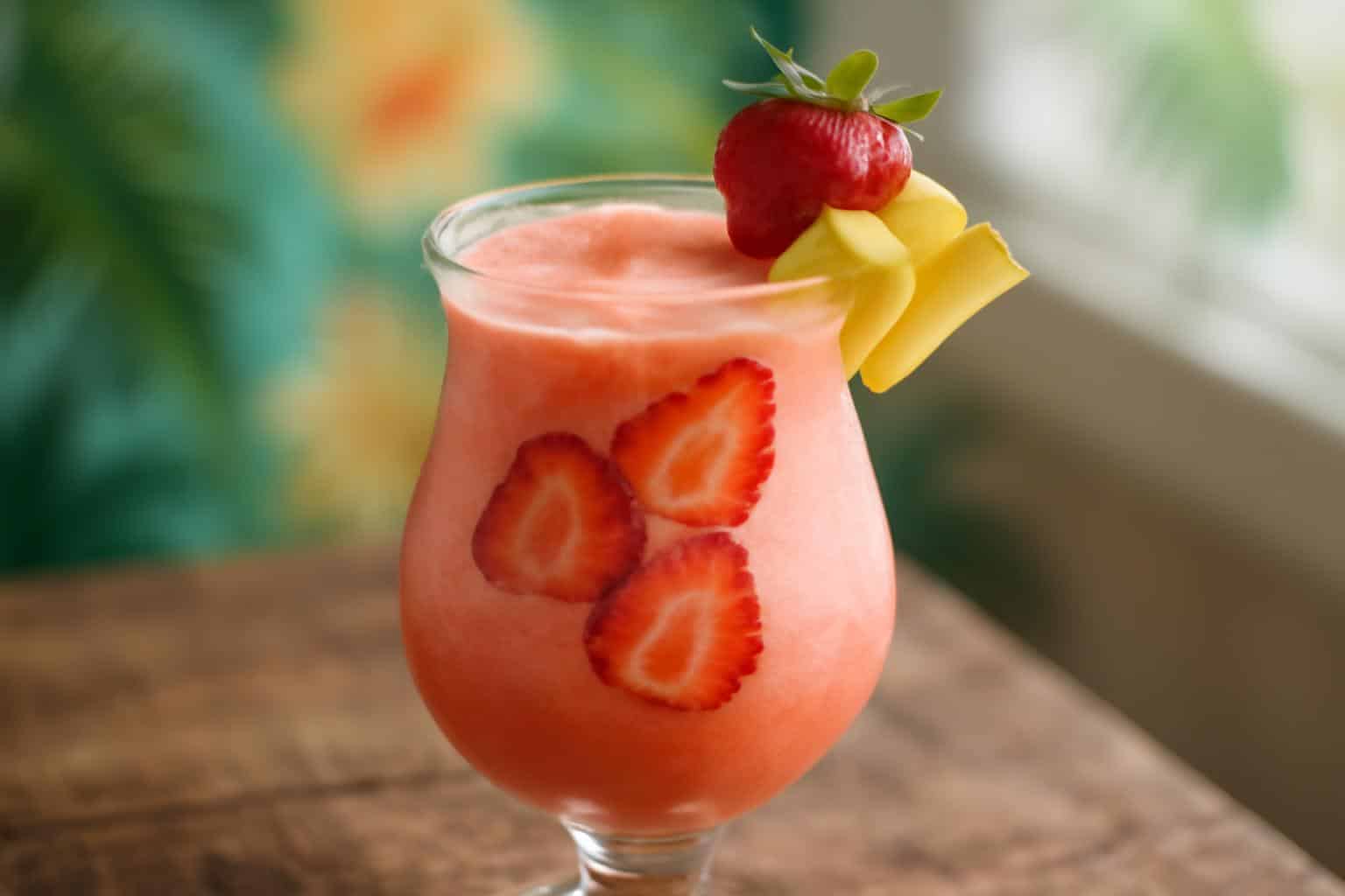 Glass of strawberry piña colada punch garnished with fresh strawberries and pineapple wedges