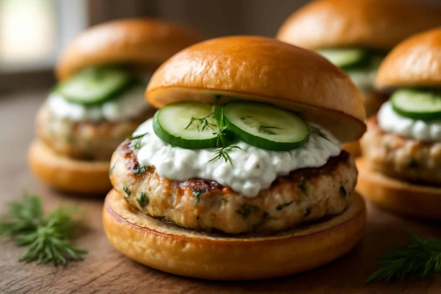 Juicy Greek chicken burgers with irresistible tzatziki sauce and fresh dill on toasted buns