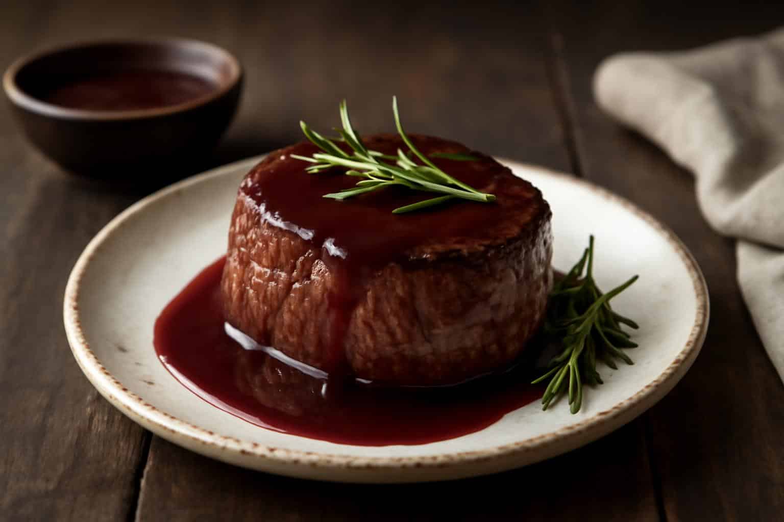 Oven-baked filet with rich red wine reduction sauce and rosemary garnish on rustic plate