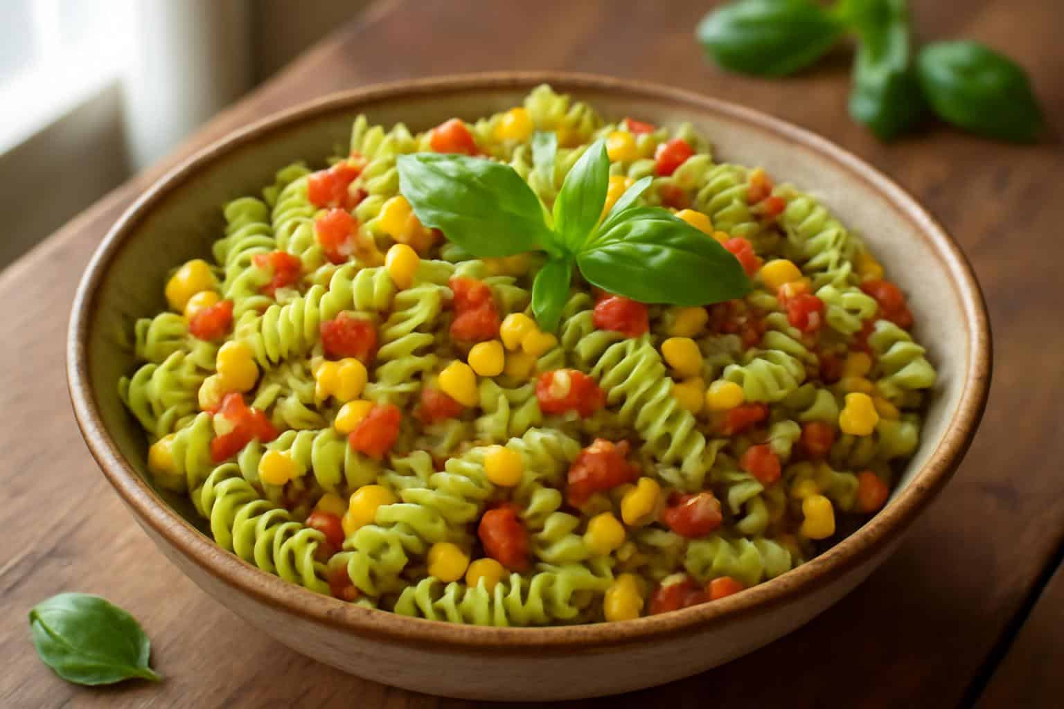 Summer pasta salad with corn, bell pepper, bacon, and creamy pesto dressing in bowl