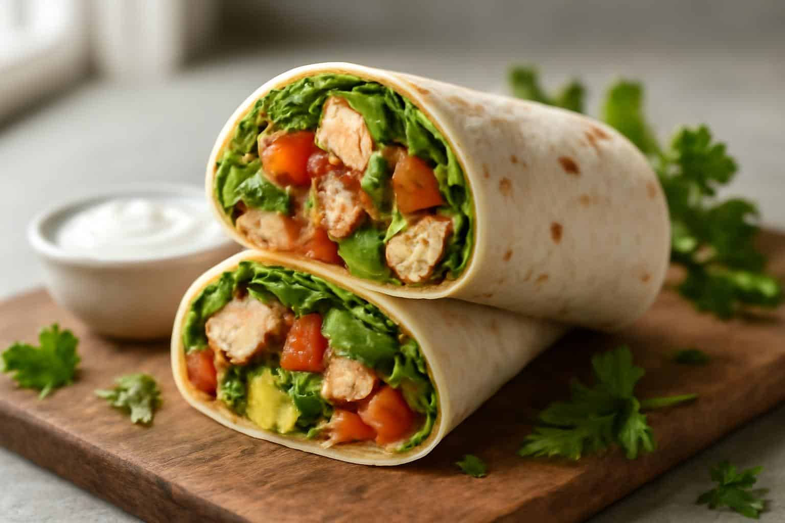 colorful savory wrap with chicken, avocado, and tomatoes on rustic board, fresh savory wrap