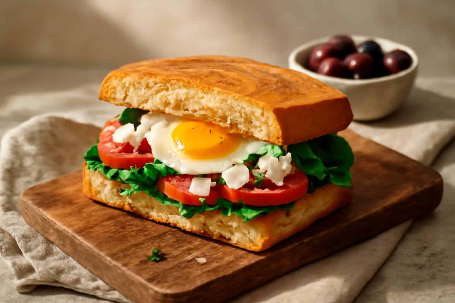 Mediterranean breakfast sandwich with fresh tomatoes, spinach, and feta cheese on toasted bread