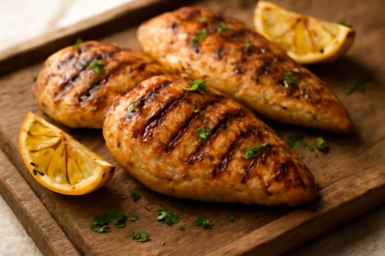 Juicy air fryer grilled chicken breasts garnished with fresh herbs and grilled lemon wedges