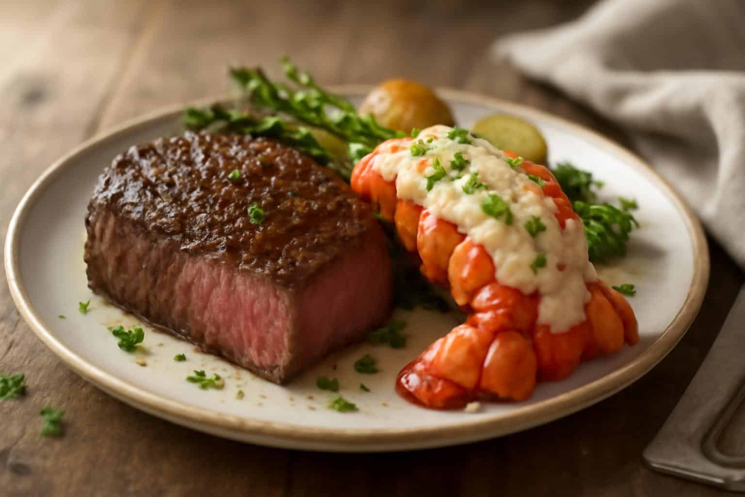 Surf and turf dish with steak and lobster tail topped with creamy garlic sauce and parsley garnish