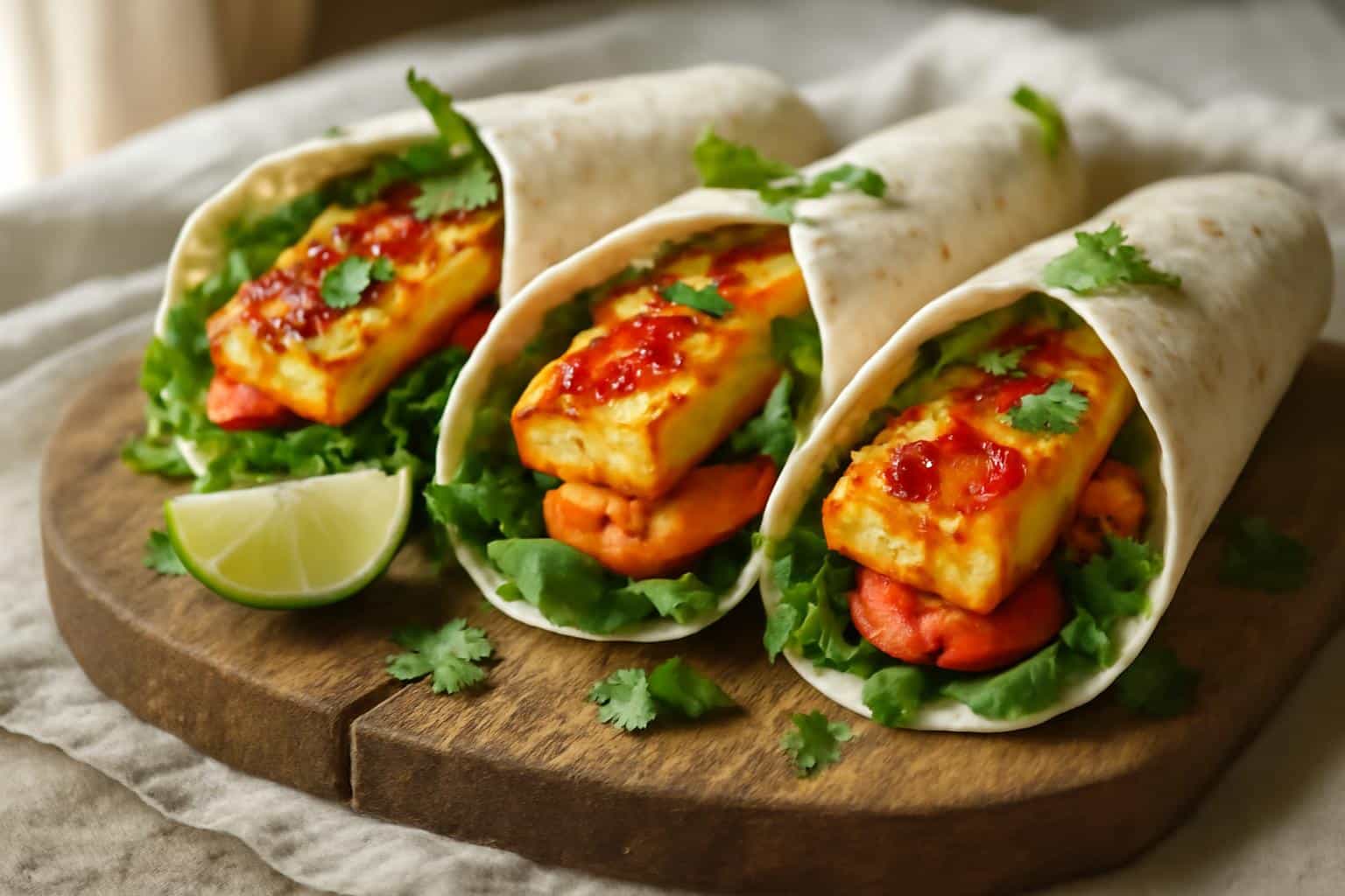 Sweet chili halloumi wraps with golden cheese and vibrant sauce ready to eat