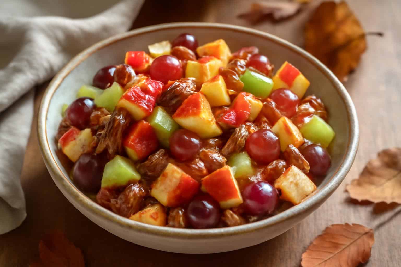 Sweet and crunchy cinnamon apple grape salad with pecans and honey drizzle in a bowl