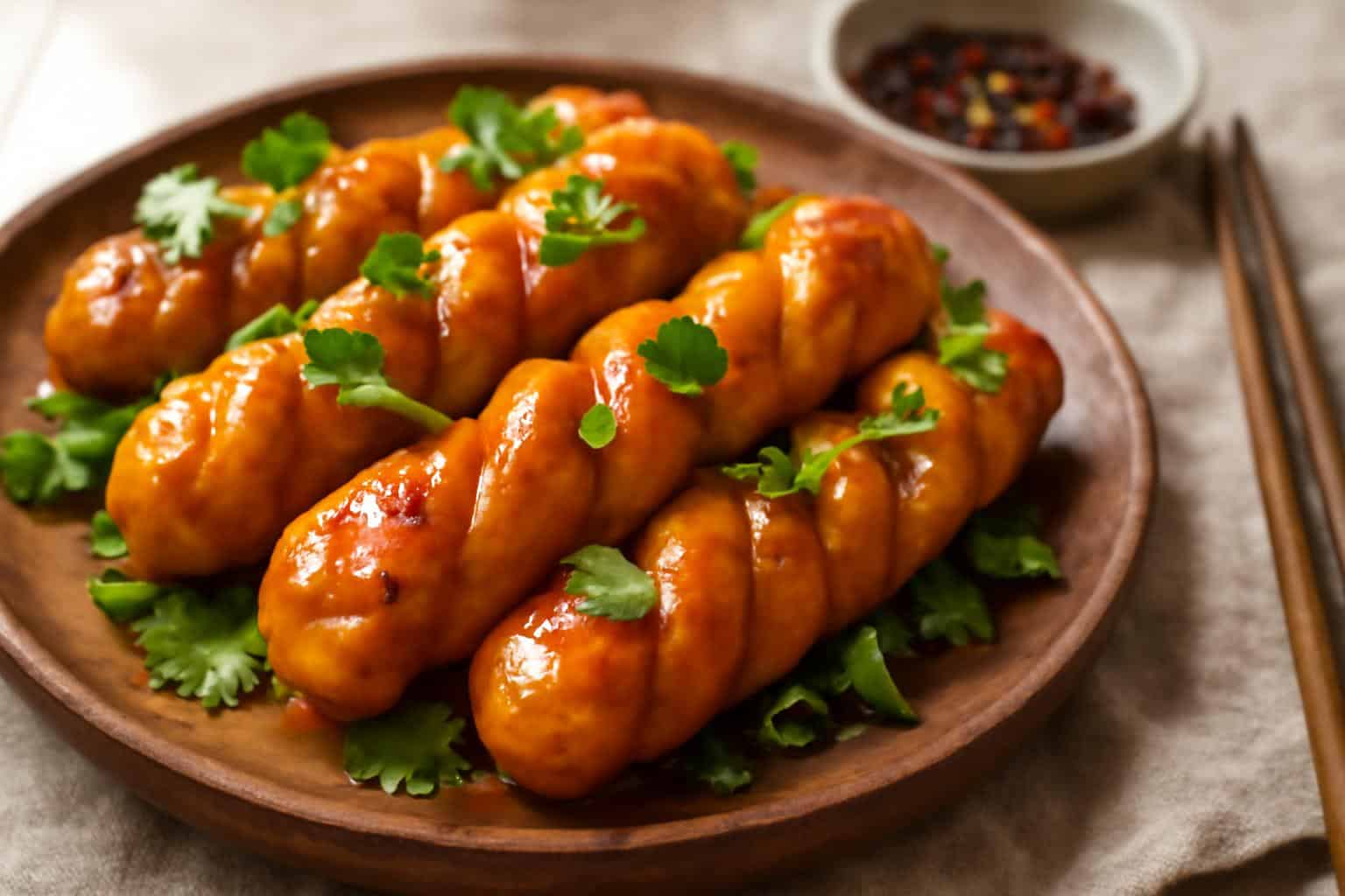 Golden Asian mango chicken twists glazed and garnished with cilantro and green onions