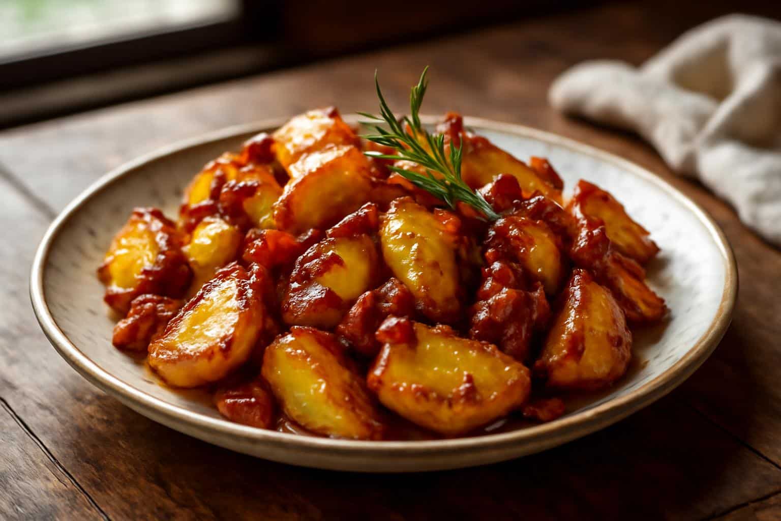 Honey bacon potatoes roasted to golden perfection with crispy bacon and honey glaze