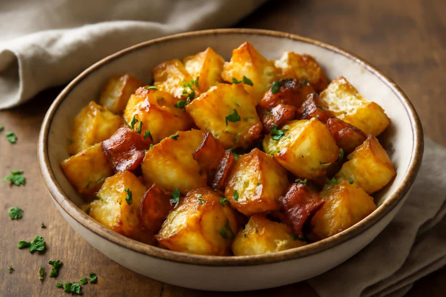 Honey bacon roasted potatoes with crispy golden edges and fresh parsley garnish
