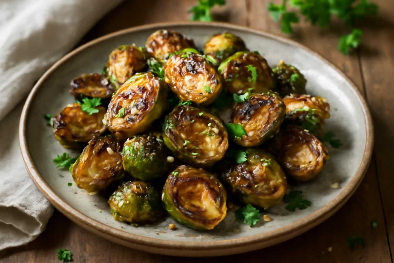Roasted honey garlic Brussels sprouts garnished with sesame seeds and parsley on a rustic plate