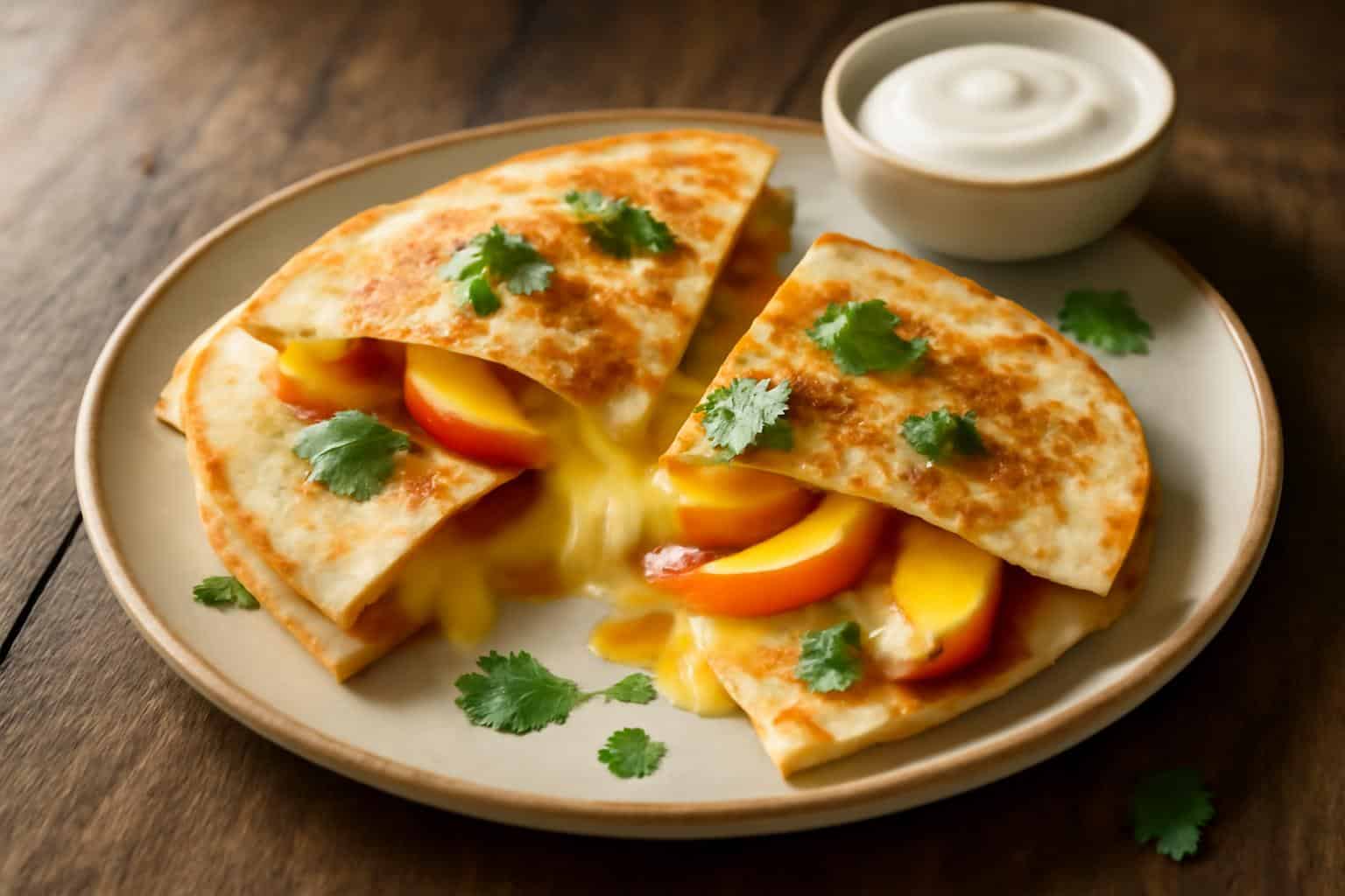 Sweet and savory peach quesadillas with melted cheese and fresh peaches on a plate