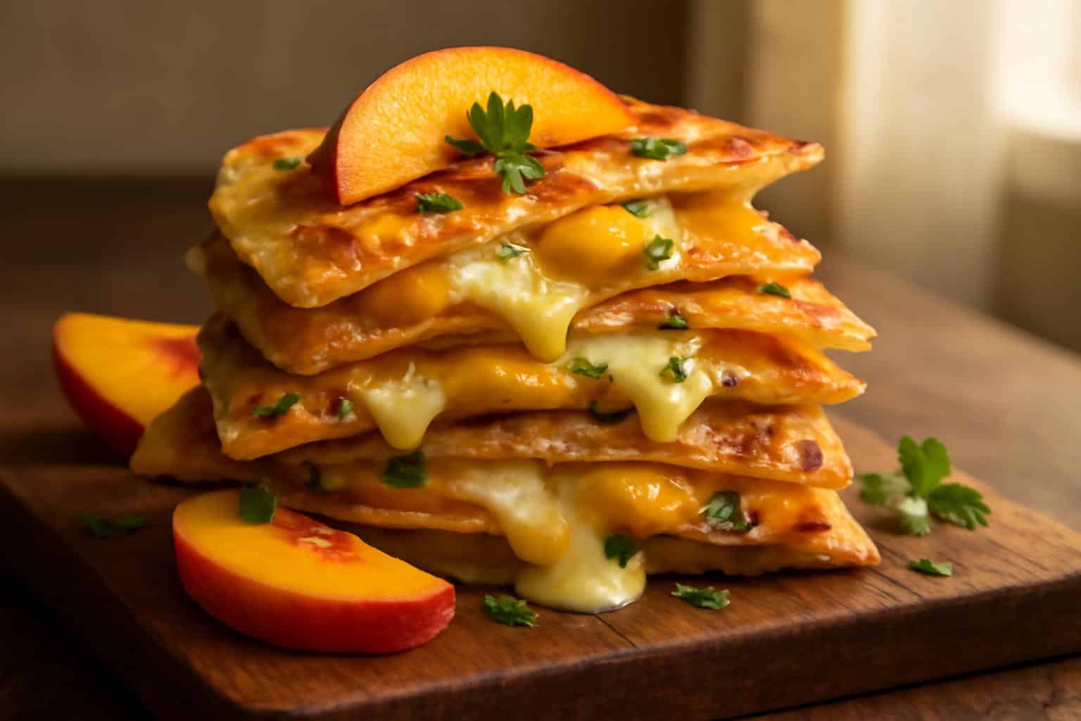 Golden-brown peach quesadillas with melted cheese and fresh peach slices styled on rustic board