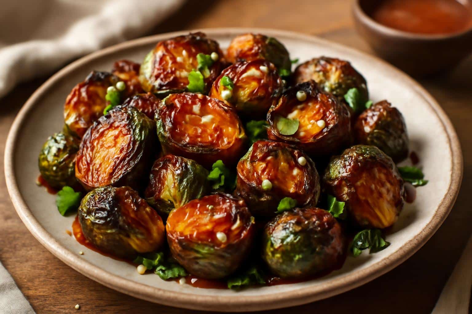 Roasted honey sriracha Brussels sprouts garnished with sesame seeds and green onions