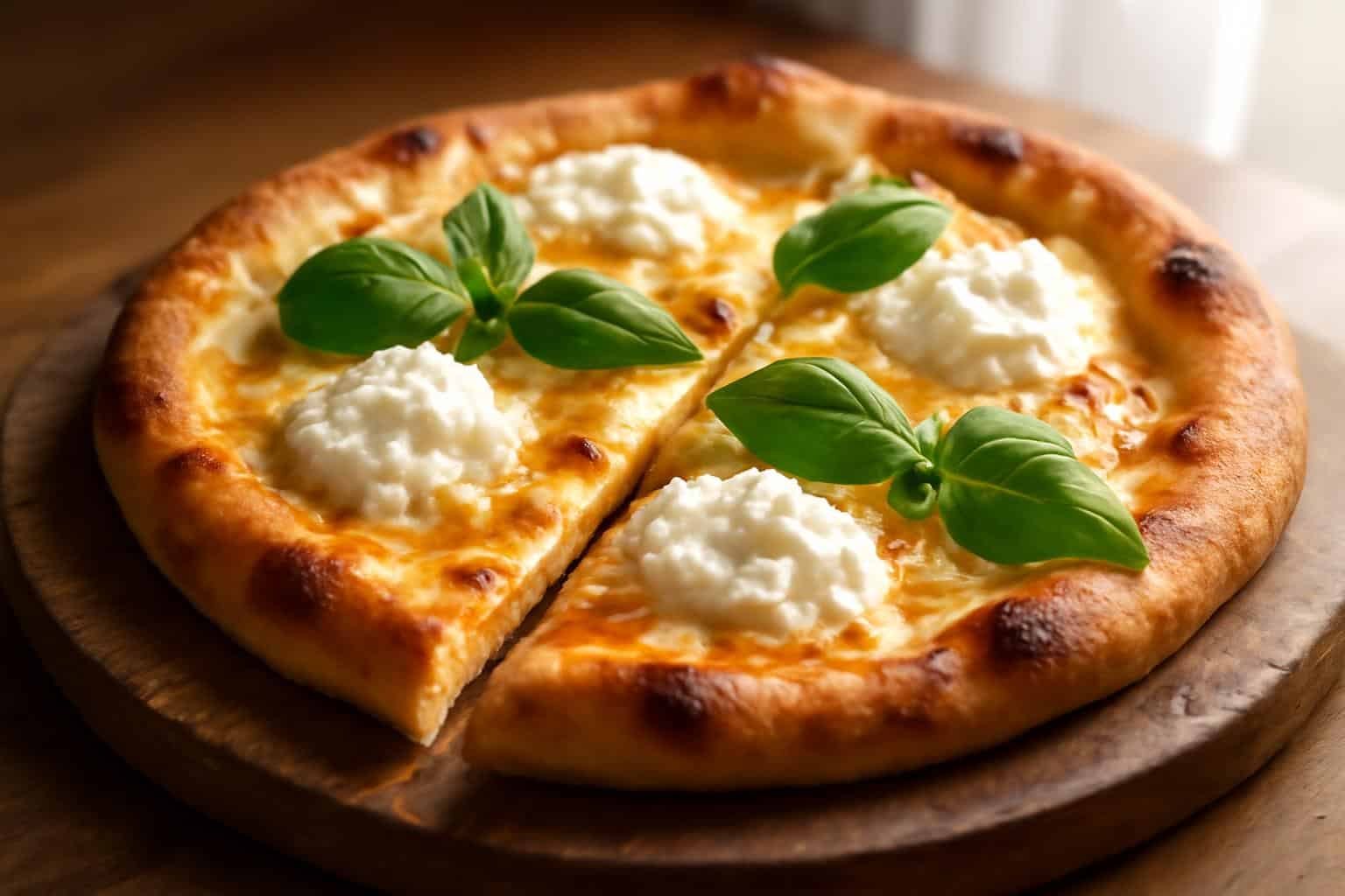 Hot honey ricotta pizza with sweet and spicy toppings and fresh basil garnish
