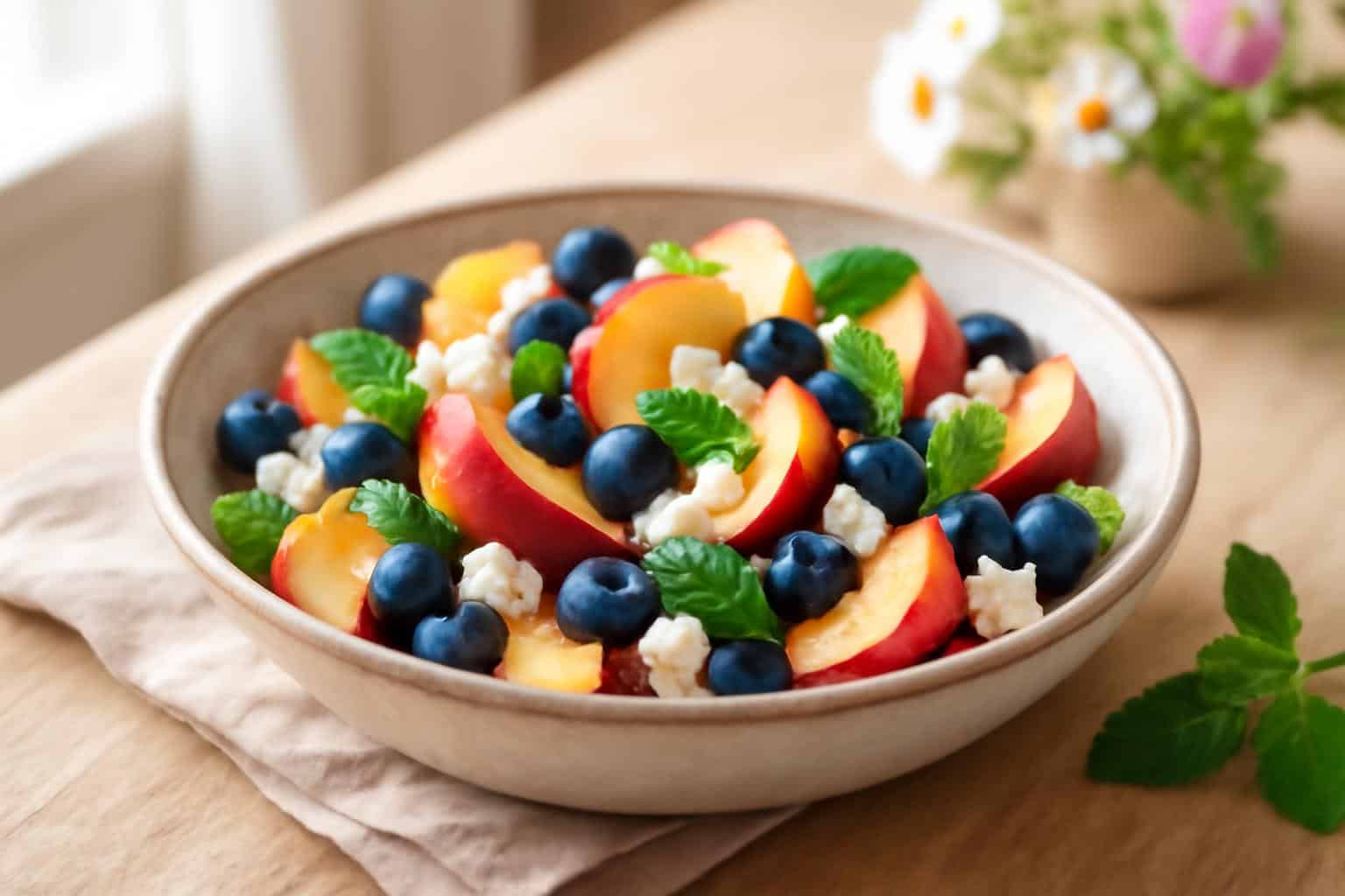 Sweet summer salad with juicy blueberries, peaches, and tangy feta cheese in a rustic bowl