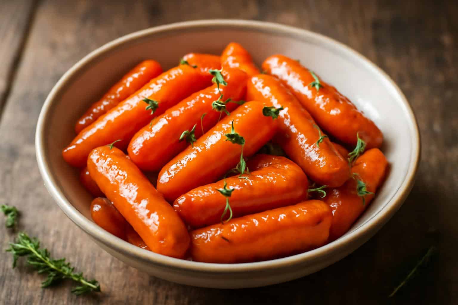 Sweetly glazed honey carrots with fresh thyme garnish, perfectly caramelized and shiny