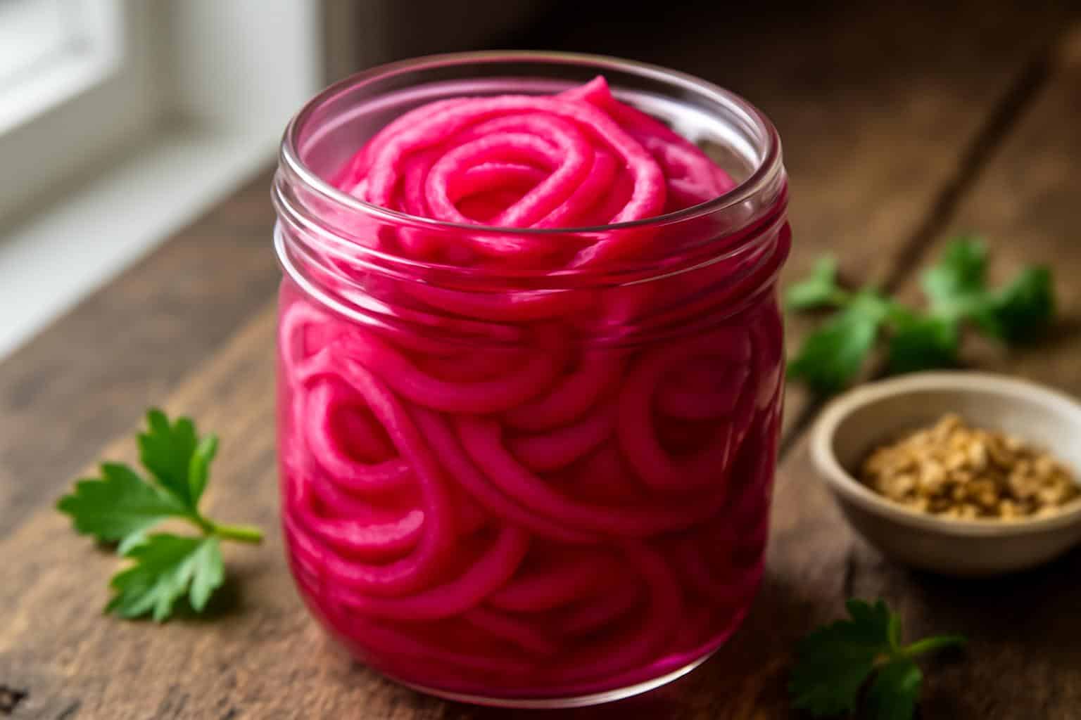 Jar of tangy pickled red onions with vibrant pink color and glossy texture