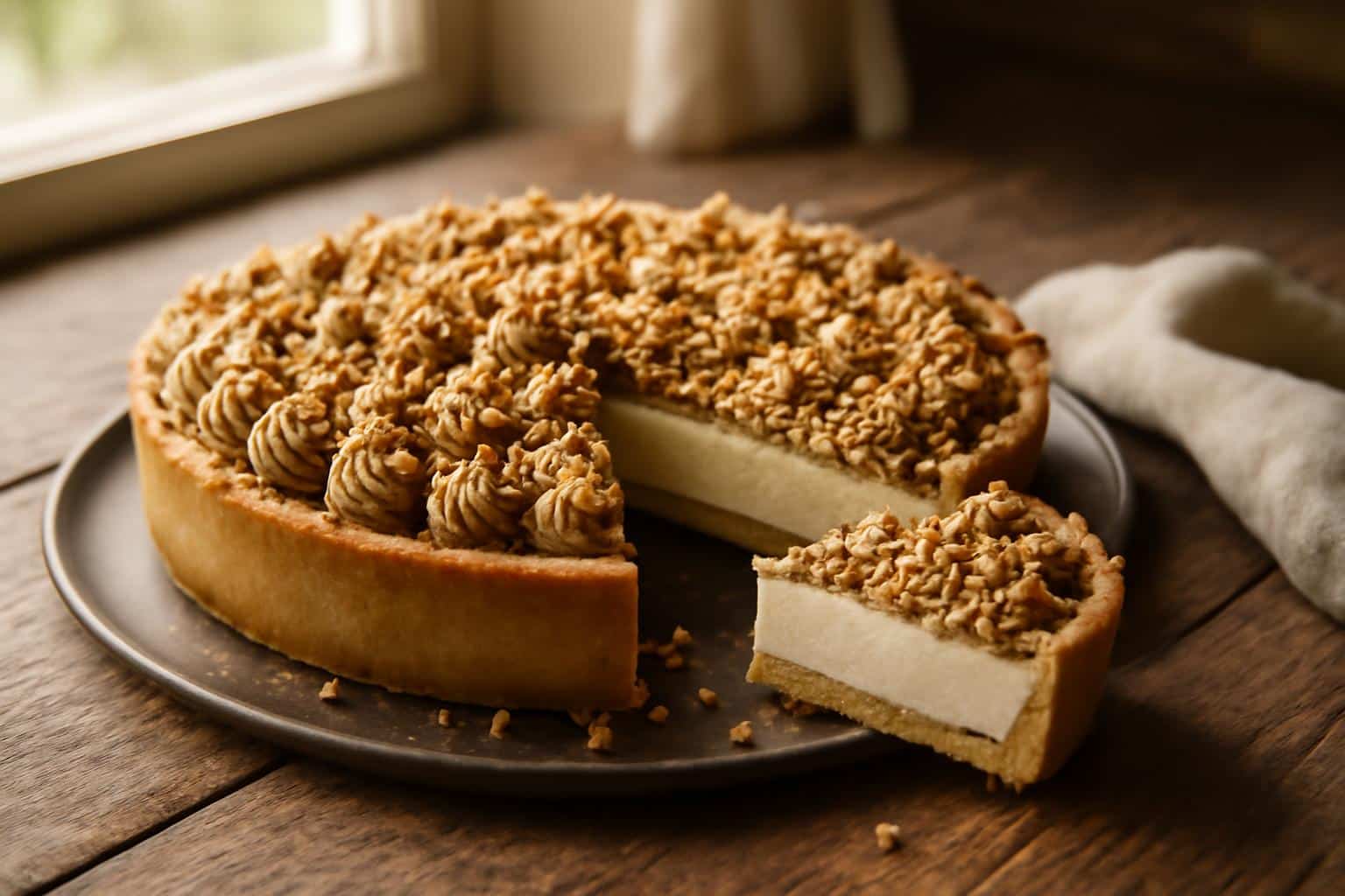 Tarte vanille praliné délicieuse with creamy vanilla filling and crunchy praline topping